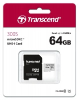 (TS64GUSD300S-A) Флеш карта microSD 64GB Transcend microSDXC Class 10 UHS-I U1, (SD адаптер), TLC